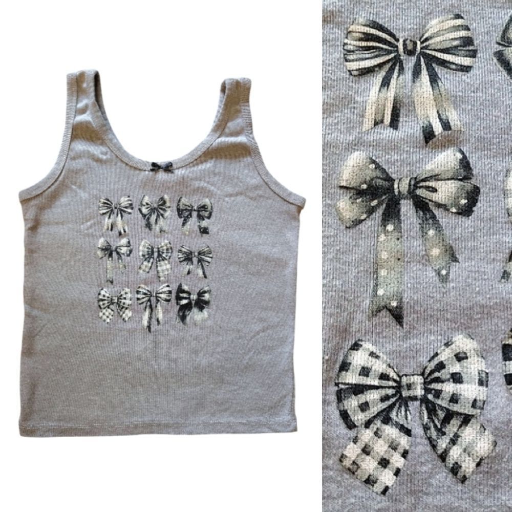 Obsessive Love Grey Black Printed Bows Scoop Neck Tank Top Large Coquette